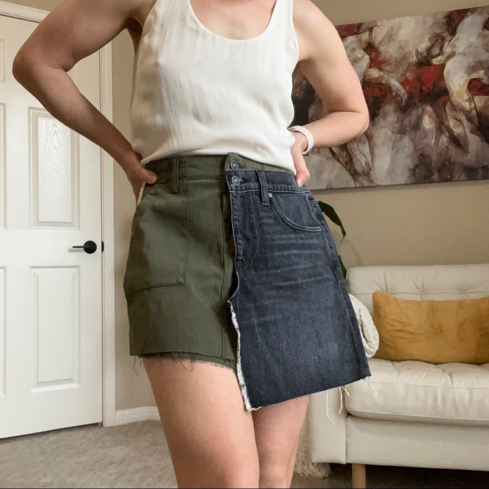 NWT Hudson color block asymmetrical frayed mini skirt khaki and black denim